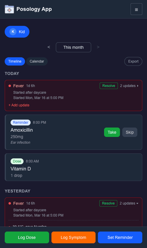 Posology App timeline showing medication doses and symptom tracking