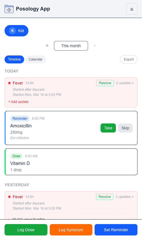 Posology App timeline showing medication doses and symptom tracking